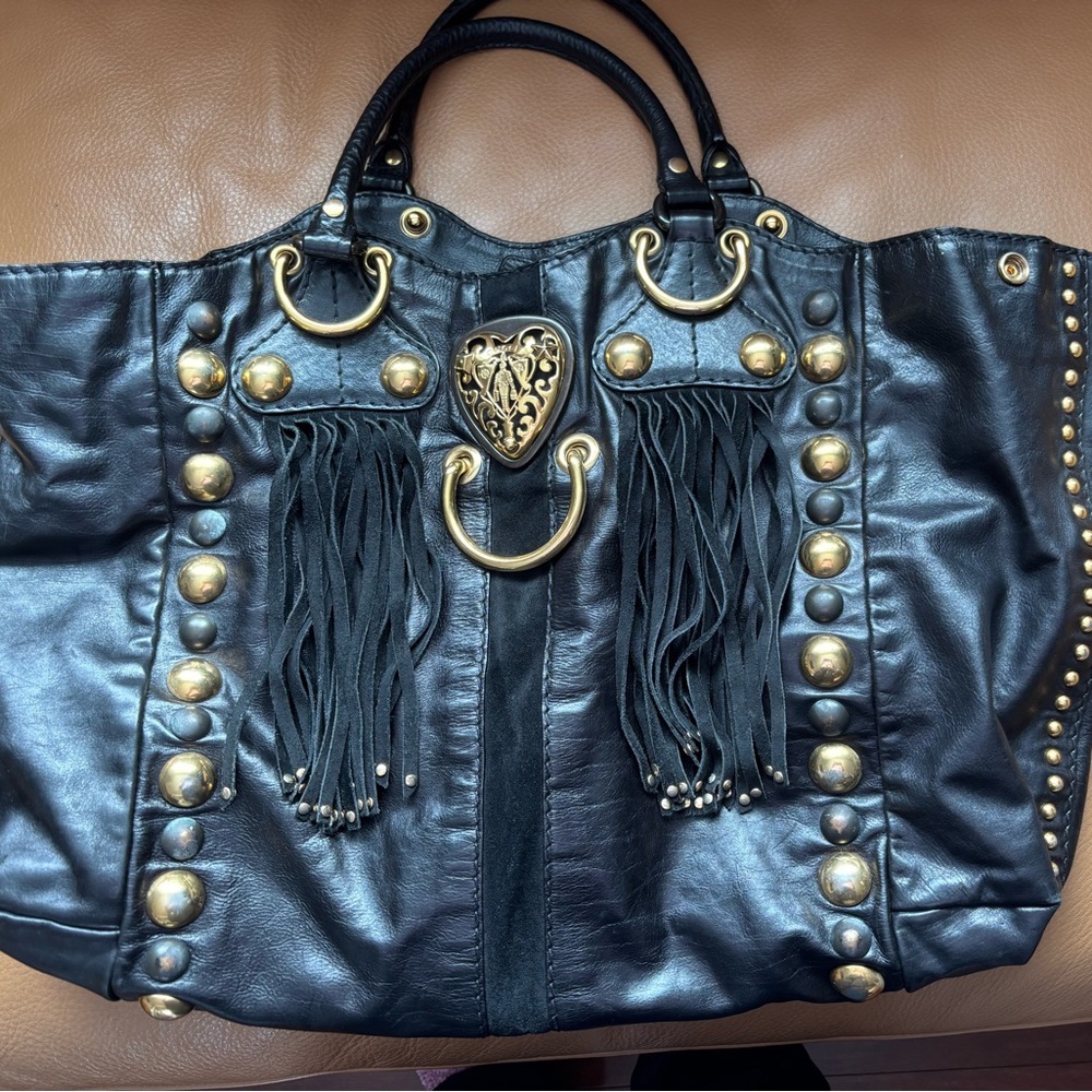 Gucci Babouska Black Leather Fringe Tote with Gold Hardware